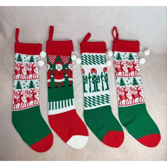 Vintage Knit Stocking Set of 4 Kitschy Patterns 1980s 1990s Christmas - Picture 1 of 8